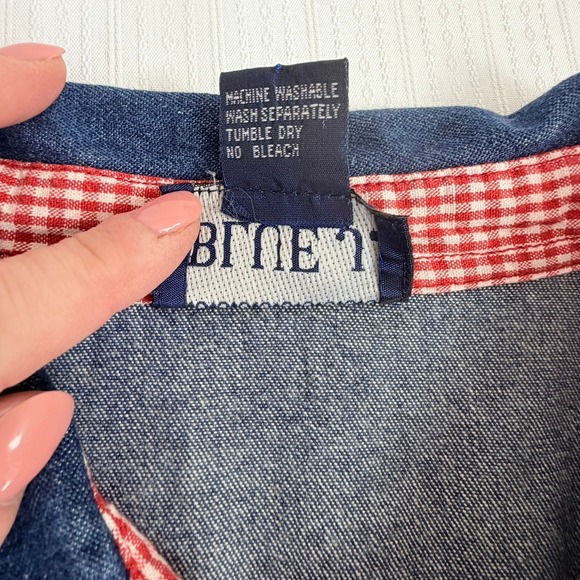 Blue J Womens Denim Maxi Dress L Blue Western Snap Front Gingham Trim Cotton - Picture 9 of 9